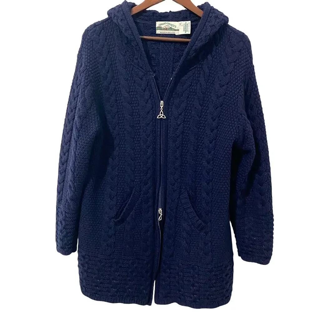 Aran Crafts Merino Wool Sweater Womens XL Hooded Coatigan Double Zip Celtic Knot - Picture 2 of 10